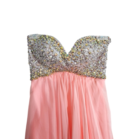 La Femme Glittery Beaded Pink Chiffon Mini Dress - Picture 4 of 7